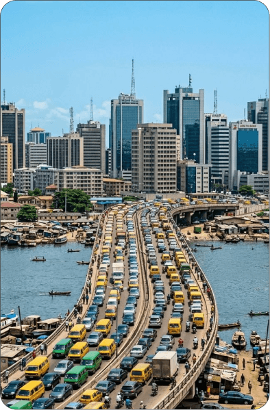 Busy city expressway framed by tower blocks